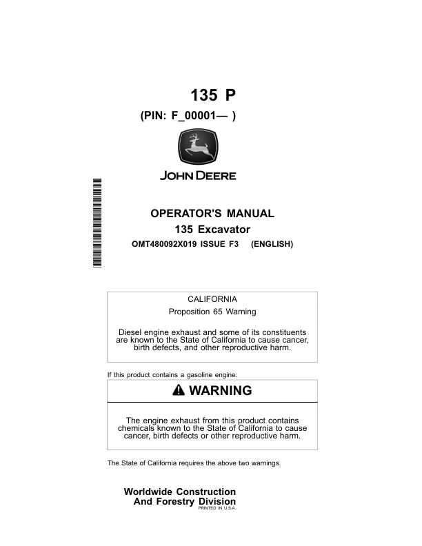 John Deere 135 P Excavators Operator's Manuals (OMT480092X019)