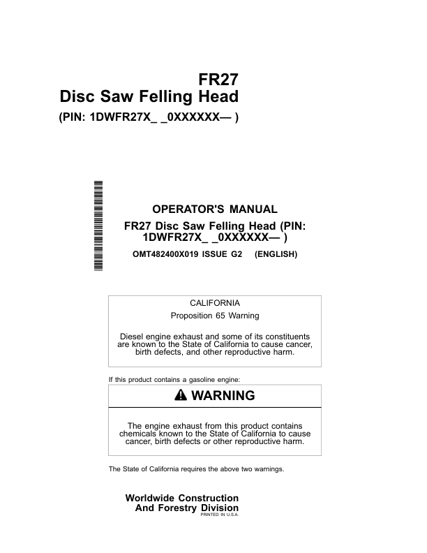 John Deere FR27 Felling Heads Operator's Manuals (OMT482400X019)