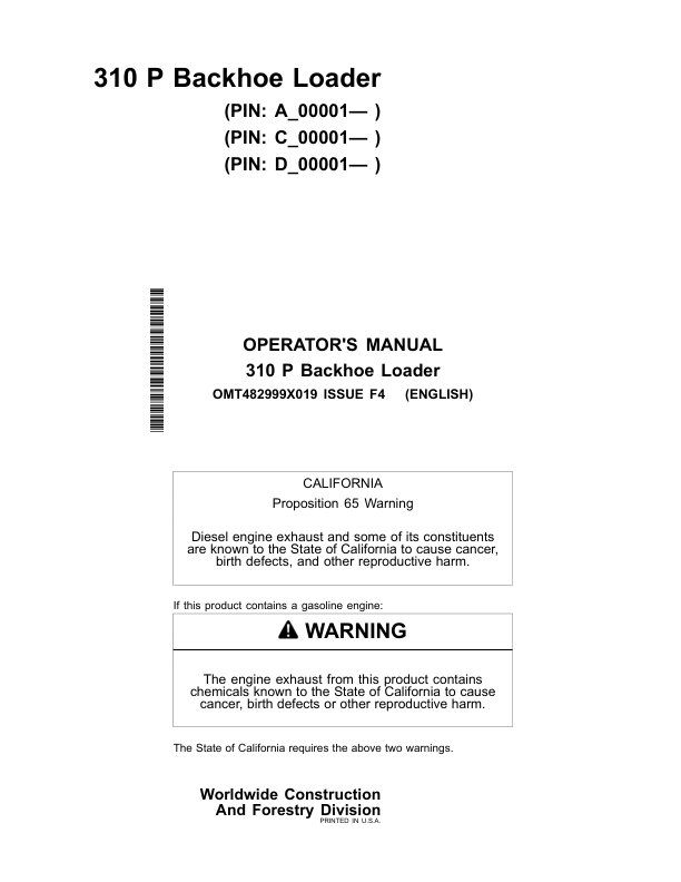 John Deere 310 P Backhoe Loaders Operator's Manuals (OMT482999X019)