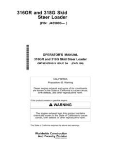 John Deere 316GR, 318G Skid Steers Operator's Manuals (OMT483070X019)