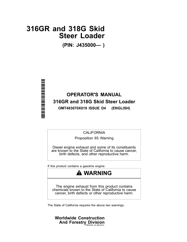 John Deere 316GR, 318G Skid Steers Operator's Manuals (OMT483070X019)