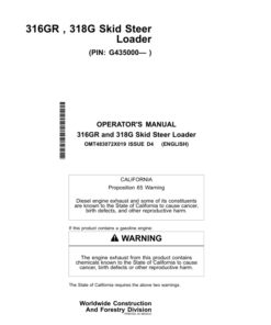 John Deere 316GR, 318G Skid Steers Operator's Manuals (OMT483072X019)