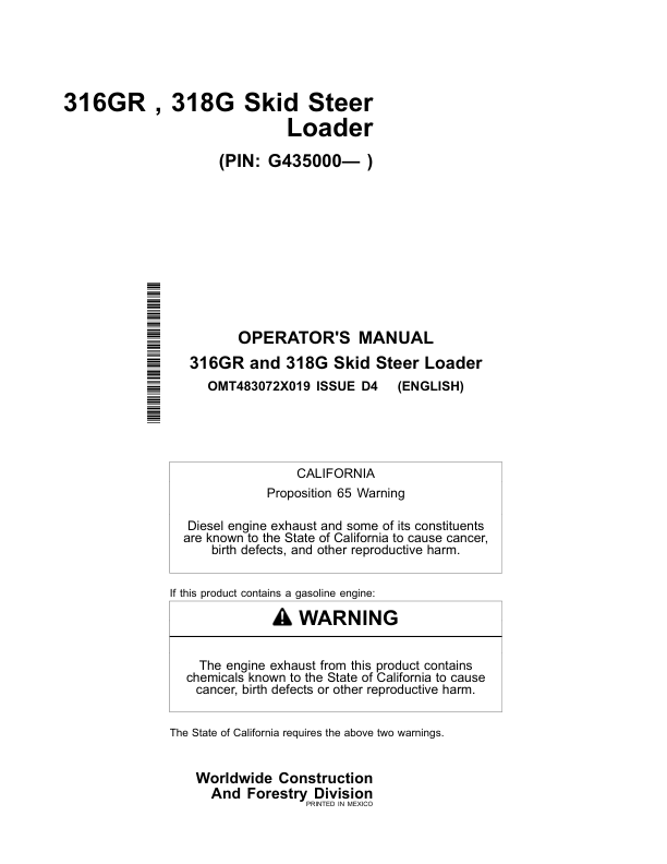 John Deere 316GR, 318G Skid Steers Operator's Manuals (OMT483072X019)