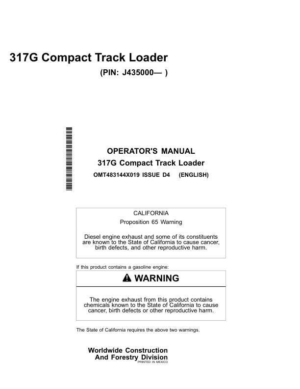 John Deere 317G Skid Steers Operator's Manuals (OMT483144X019)