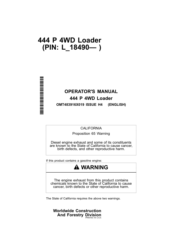 John Deere 444 P Loaders Operator's Manuals (OMT483916X019)