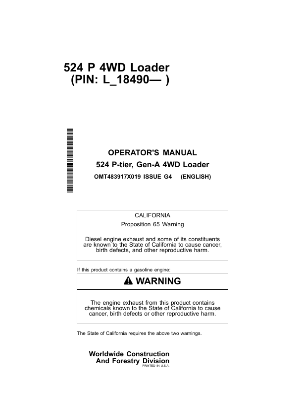 John Deere 524 P Loaders Operator's Manuals (OMT483917X019)