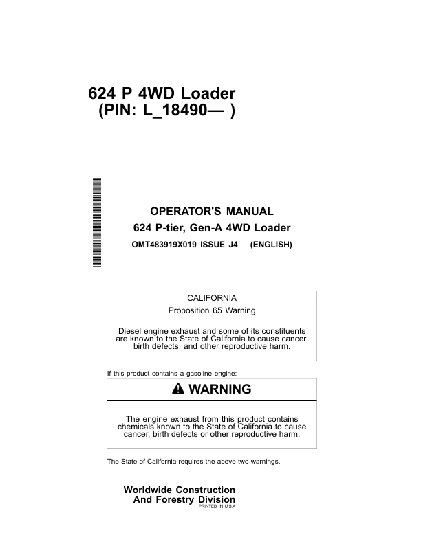 John Deere 624 P Loaders Operator's Manuals (OMT483919X019)