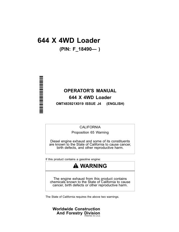 John Deere 644 X Loaders Operator's Manuals (OMT483921X019)
