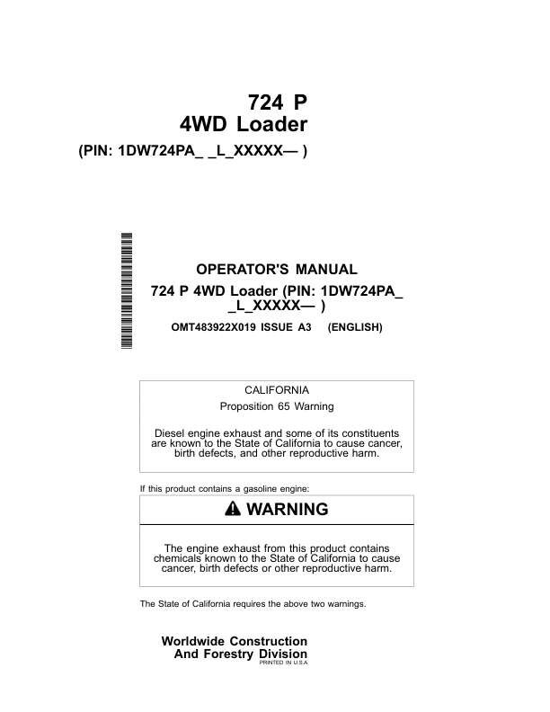 John Deere 724 P Loaders Operator's Manuals (OMT483922X019)