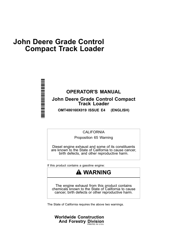 John Deere 333 P, 335 P Compact Track Loaders Operator's Manuals (OMT486160X019)