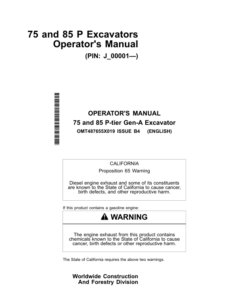 John Deere 75 P, 85 P Excavators Operator's Manuals (OMT487655X019)