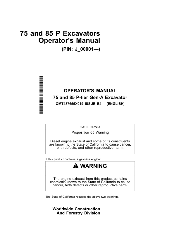 John Deere 75 P, 85 P Excavators Operator's Manuals (OMT487655X019)