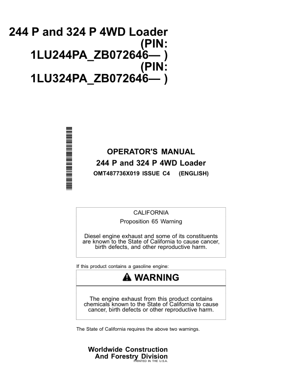 John Deere 244 P, 324 P Loaders Operator's Manuals (OMT487736X019)