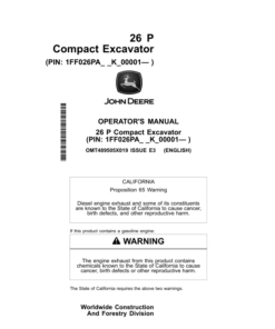 John Deere 26 P Excavators Operator's Manuals (OMT489505X019)
