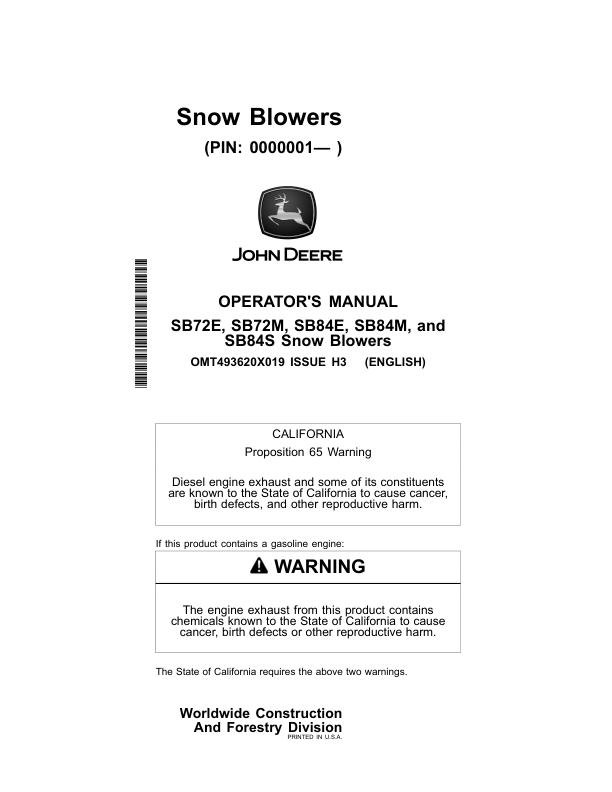 John Deere SB72E, SB72M, SB84E, SB84M, SB84S Worksite Pro Attachments Operator's Manuals (OMT493620X019)