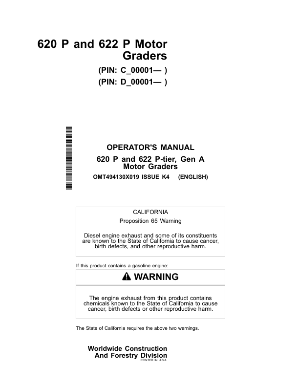 John Deere 620 P, 622 P Motor Graders Operator's Manuals (OMT494130X019)