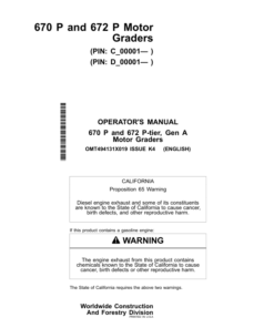 John Deere 670 P, 672 P Motor Graders Operator's Manuals (OMT494131X019)
