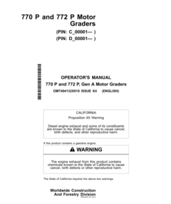 John Deere 770 P, 772 P Motor Graders Operator's Manuals (OMT494132X019)