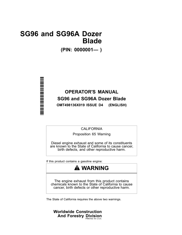 John Deere SG96, SG96A Worksite Pro Attachments Operator's Manuals (OMT498136X019)