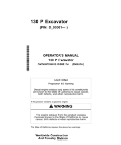 John Deere 130 P Excavators Operator's Manuals (OMT499729X019)