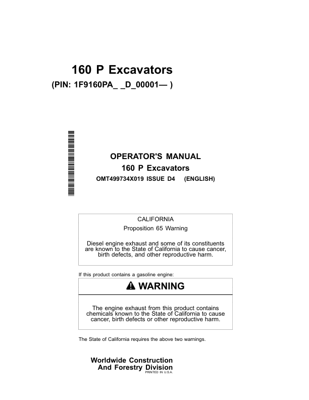John Deere 160 P Excavators Operator's Manuals (OMT499734X019)
