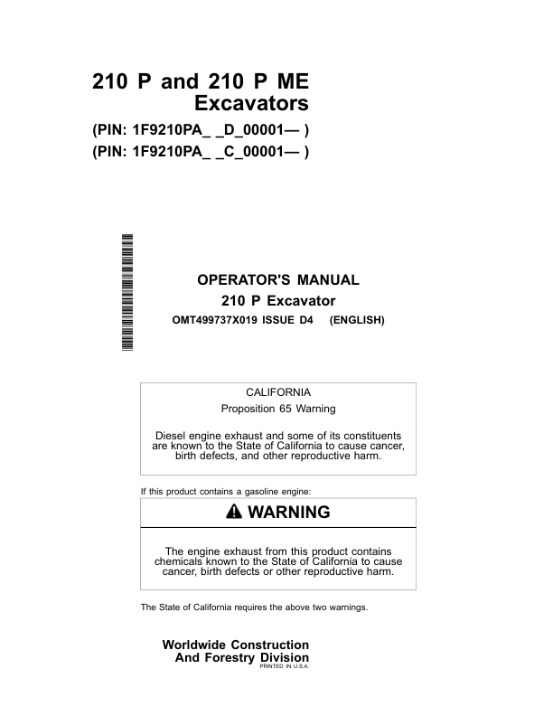 John Deere 210 P Excavators Operator's Manuals (OMT499737X019)
