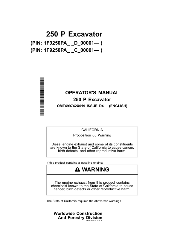 John Deere 250 P Excavators Operator's Manuals (OMT499742X019)