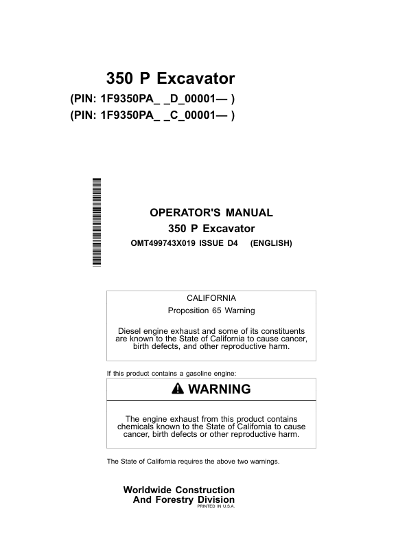 John Deere 350 P Excavators Operator's Manuals (OMT499743X019)