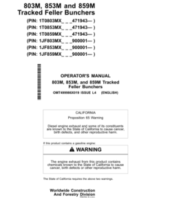 John Deere 803M, 853M, 853MH, 859M Tracked Feller Bunchers Operator's Manuals (OMT499986X019)