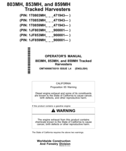 John Deere 803MH, 853MH, 859MH Tracked Harvesters Operator's Manuals (OMT499987X019)