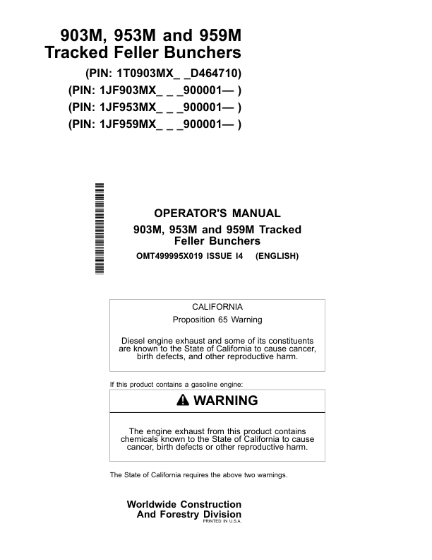 John Deere 903M, 953M, 959M Tracked Feller Bunchers Operator's Manuals (OMT499995X019)