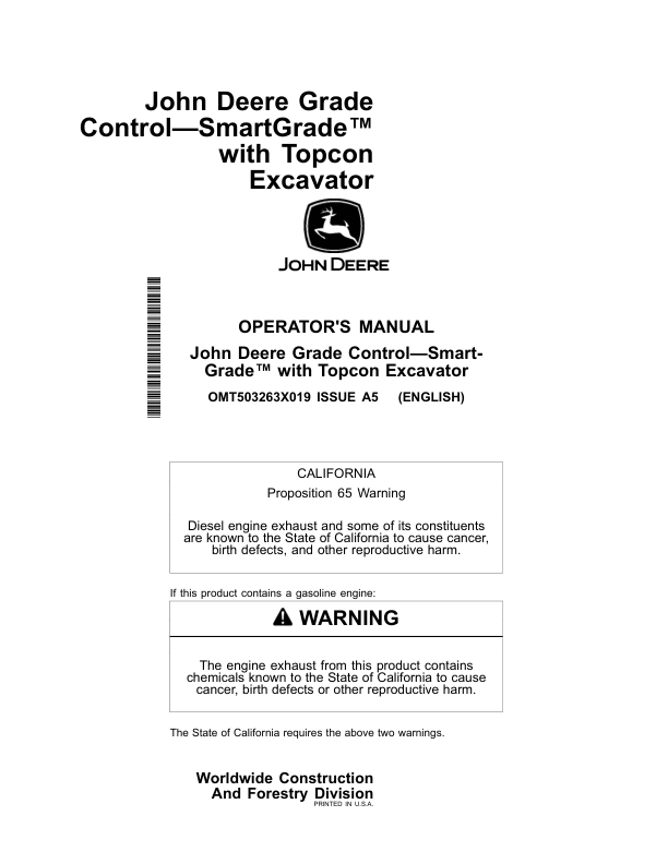 John Deere 210 P, 230 P, 260 P Excavators Operator's Manuals (OMT503263X019)