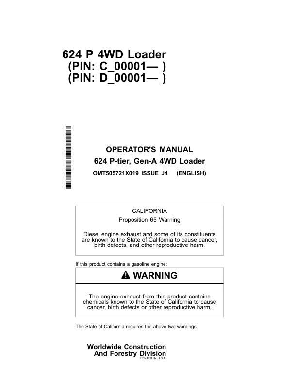 John Deere 624 P Loaders Operator's Manuals (OMT505721X019)