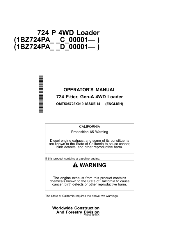John Deere 724 P Loaders Operator's Manuals (OMT505723X019)
