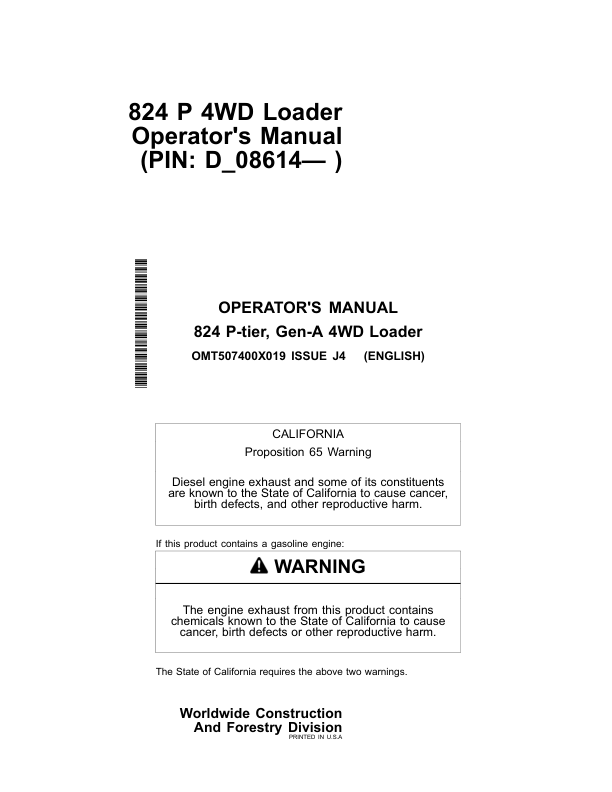 John Deere 824 P Loaders Operator's Manuals (OMT507400X019)
