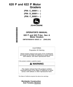 John Deere 620 P, 622 P Motor Graders Operator's Manuals (OMT507665X019)