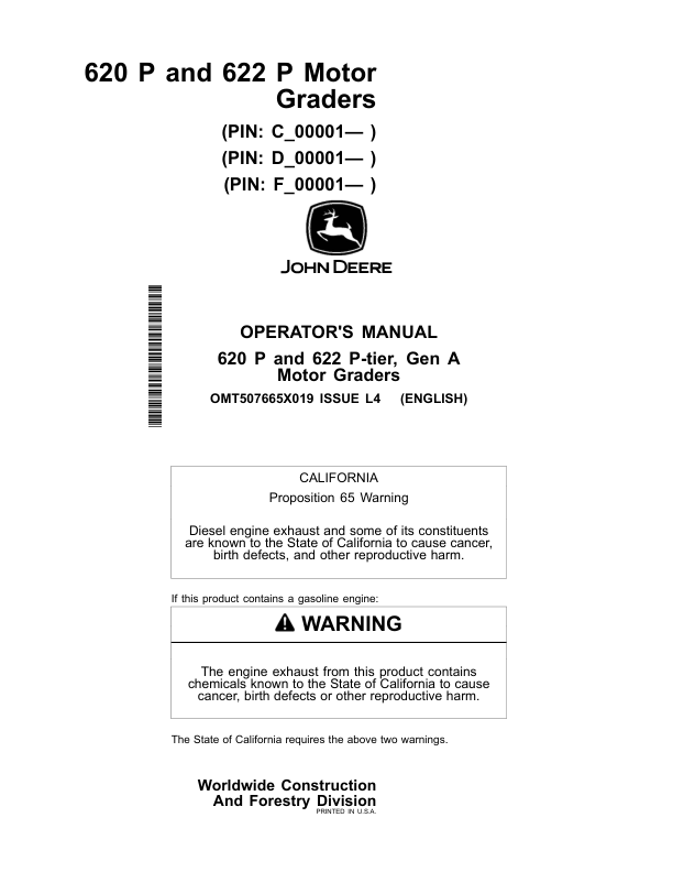 John Deere 620 P, 622 P Motor Graders Operator's Manuals (OMT507665X019)