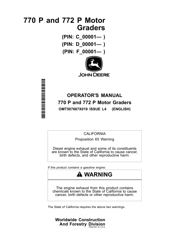 John Deere 770 P, 772 P Motor Graders Operator's Manuals (OMT507667X019)