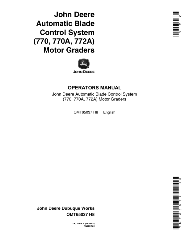 John Deere 770A, 772A, 770 Motor Graders Operator's Manuals (OMT65037)