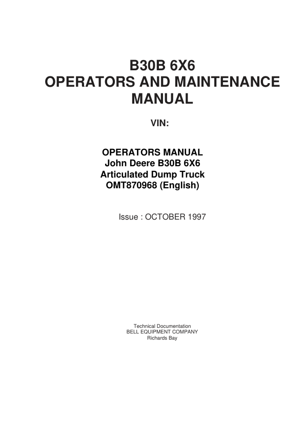 John Deere B30B Articulated Dump Trucks Operator's Manuals (OMT870968)