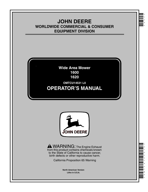 John Deere 1600, 1620 Wide Area Mower (North America) (010001-) Operator's Manual (OMTCU14531E)