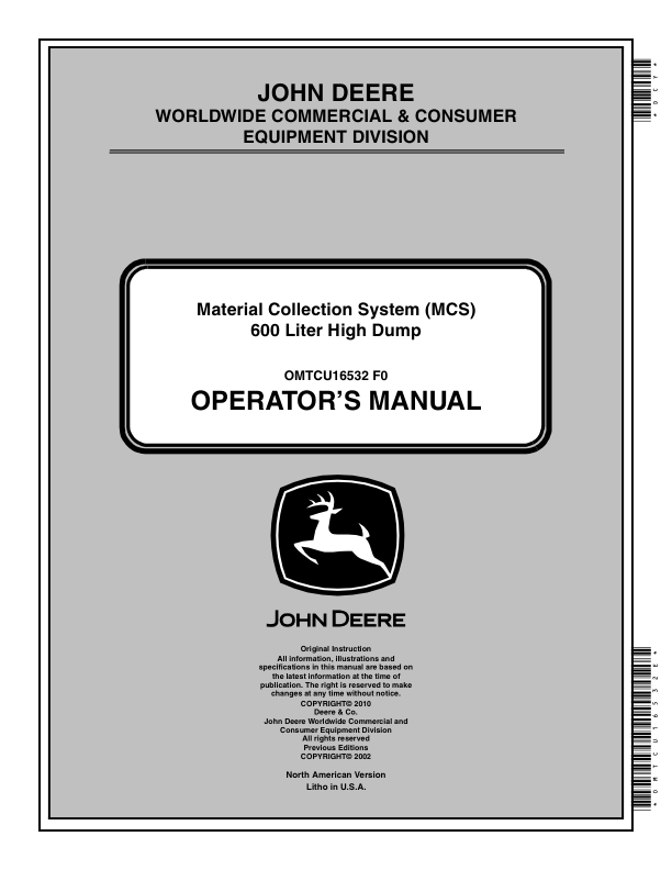 John Deere 1400, 1420, 1435, 1445, 1550, 1565 Material Collection System (MCS) 600 Liter High Dump (North America) (010001-) Operator's Manual (OMTCU16532E)