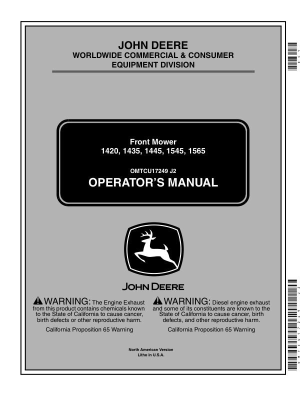John Deere Front Mowers 1420/1435/1445 (030001-); 1545 (010001-); 1565 (020001-) Operator's Manual (OMTCU17249)