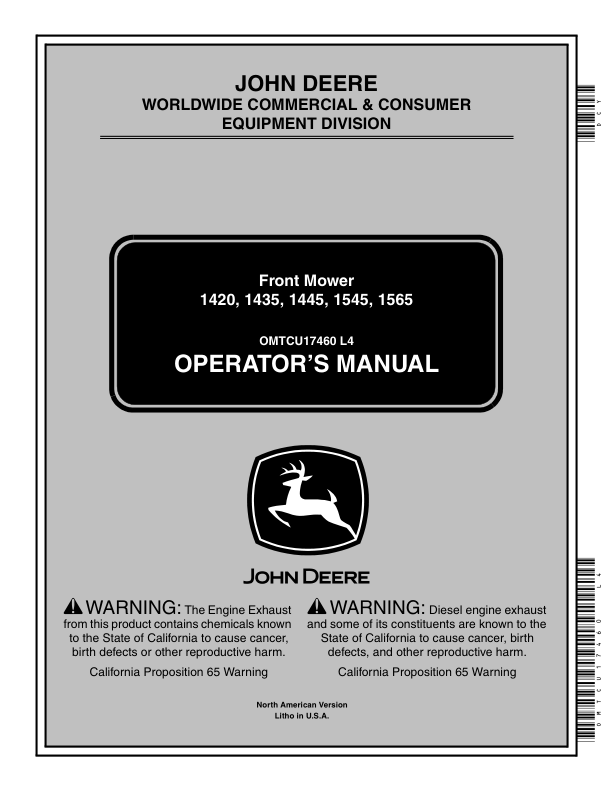 John Deere 1420, 1435, 1445 (040001-); 1545 (020001-); 1565 (030001-) Front Mower Operator's Manual (OMTCU17460)