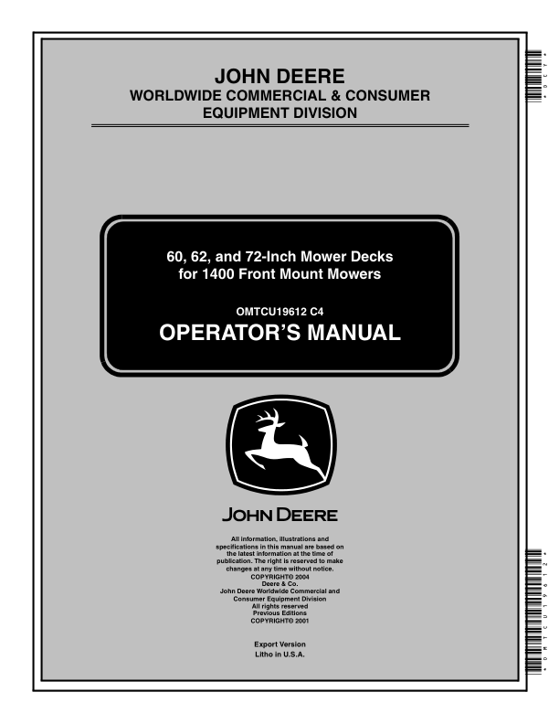 John Deere 60, 62, 72 In. Mower Decks for 1400/1500 Series Front Mowers Operator's Manual (OMTCU19612)