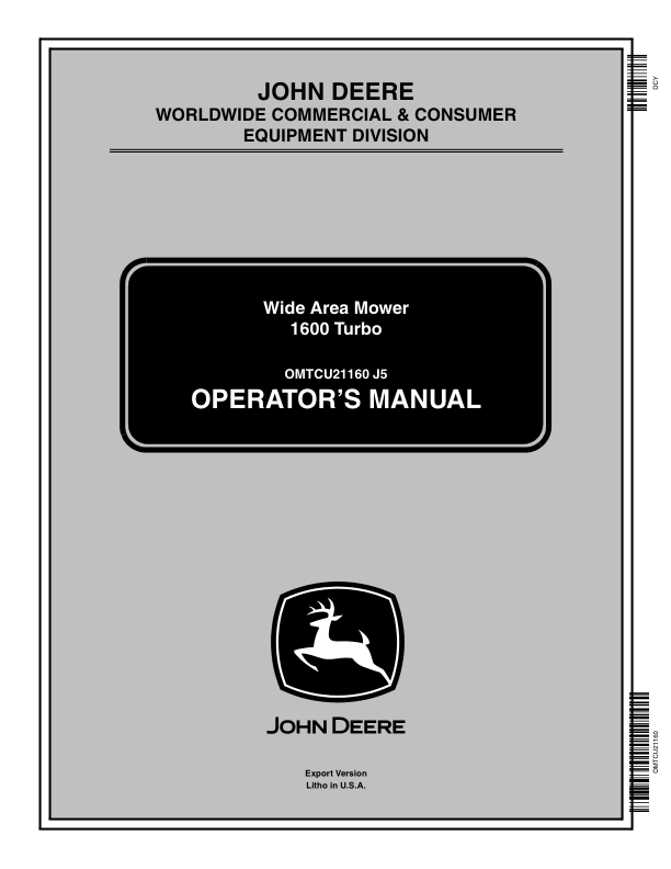 John Deere 1600 Wide Area Turbo Mowers (Series-II) Export Edition (050001-090000) Operator's Manual (OMTCU21160)
