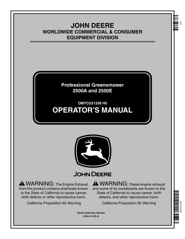 John Deere 2500A Professional Greens Mower North America (030001-) Operator's Manual (OMTCU21258)