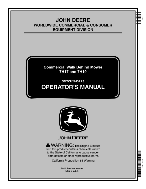 John Deere 7H17 (030001-), 7H19 (020001-) Commercial Walk-Behind Mowers Operator's Manual (OMTCU21434)