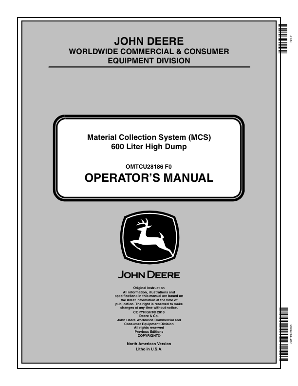 John Deere 600 Liter High Dump Material Collection System Operator's Manual (OMTCU28186)