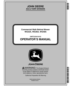 John Deere Commercial Walk Behind Mower WG32A, WG36A, WG48A (NA) Operator's Manual (OMTCU33418)